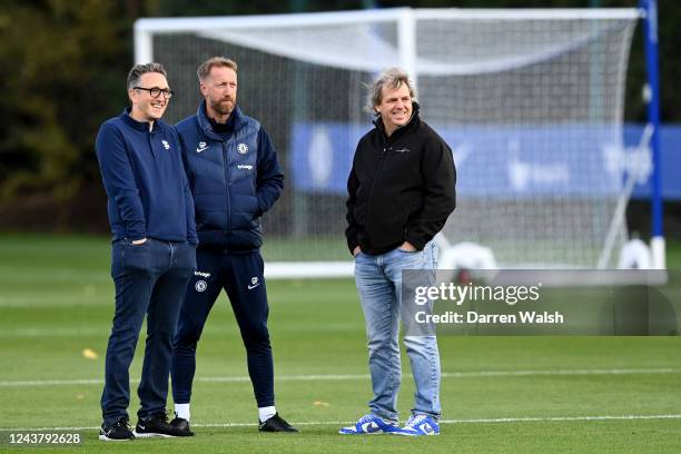 Co-owner and Director Jonathan Goldstein, Head Coach Graham Potter and Co Owner and Chairman Todd Boehly of Chelsea during a training session at...