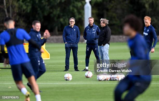 Co-owner and Director Jonathan Goldstein, Head Coach Graham Potter and Co Owner and Chairman Todd Boehly of Chelsea during a training session at...