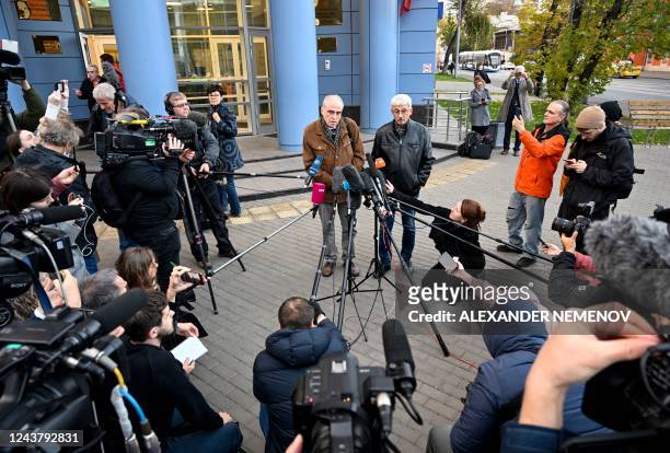 Yan Rachinsky, one of the founders of Memorial rights group, and Oleg Orlov, one of Memorial leading activists, meet with the media after the group...