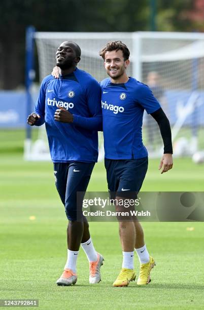 Kalidou Koulibaly and Ben Chilwell of Chelsea during a training session at Chelsea Training Ground on October 7, 2022 in Cobham, England.