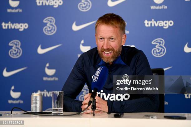 Graham Potter of Chelsea during a press conference at Chelsea Training Ground on October 7, 2022 in Cobham, England.