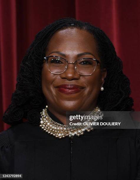 Associate US Supreme Court Justice Ketanji Brown Jackson poses for the official photo at the Supreme Court in Washington, DC on October 7, 2022.