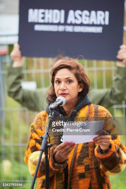 Human rights activists of Amnesty International stage a protest outside the embassy of Iran on October 7, 2022 in The Hague, Netherlands. Human...