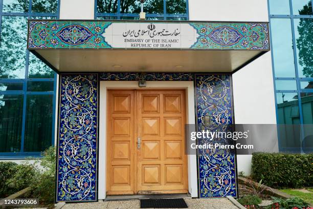 The exterior of the embassy of Iran is seen as human rights activists of Amnesty International stage a protest outside the embassy of Iran on October...