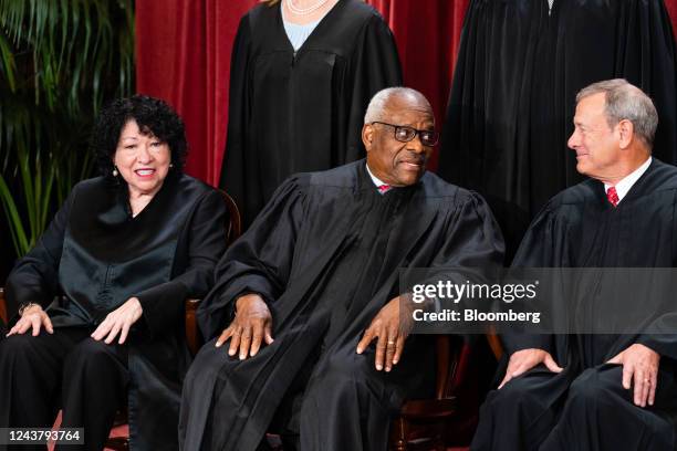 Associate Justice Sonia Sotomayor, from left, Associate Justice Clarence Thomas and Chief Justice John Roberts, right, during the formal group...
