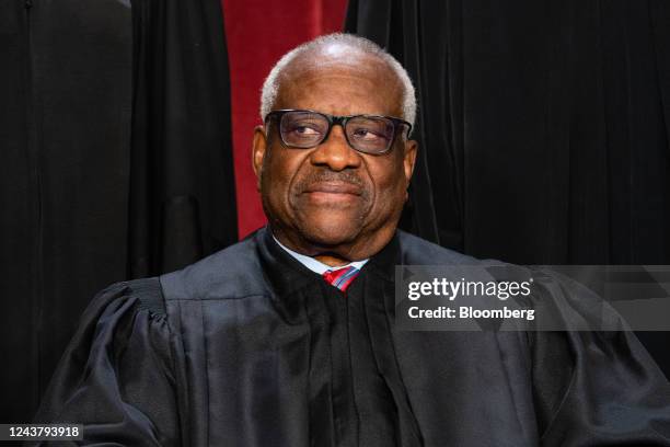 Associate Justice Clarence Thomas during the formal group photograph at the Supreme Court in Washington, DC, US, on Friday, Oct. 7, 2022. The court...
