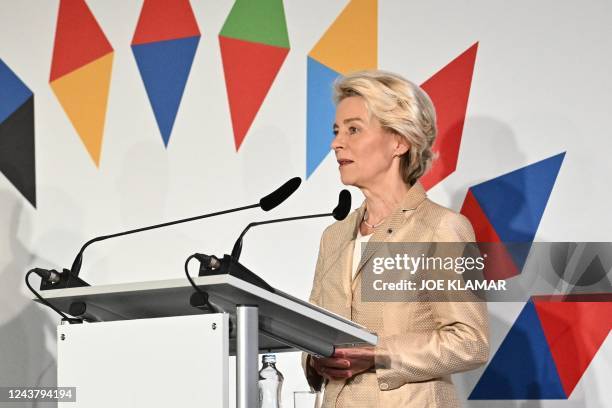 President of the European Commission Ursula von der Leyen gives a press conference following an informal summit of the European Union in Prague,...