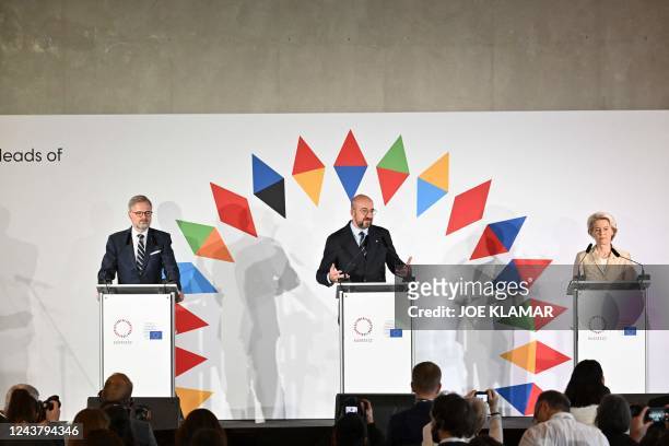 Czech Republic's Prime Minister Petr Fiala, President of the European Council Charles Michel and President of the European Commission Ursula von der...