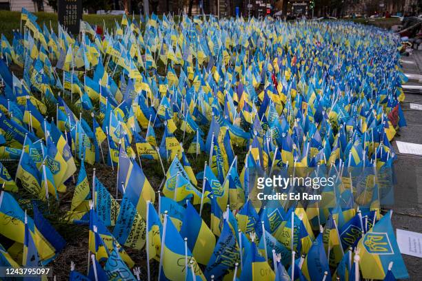 An exhibition of Ukrainian flags on display in Independence Square on October 7, 2022 in Kyiv, Ukraine. The display has been on the site since May...