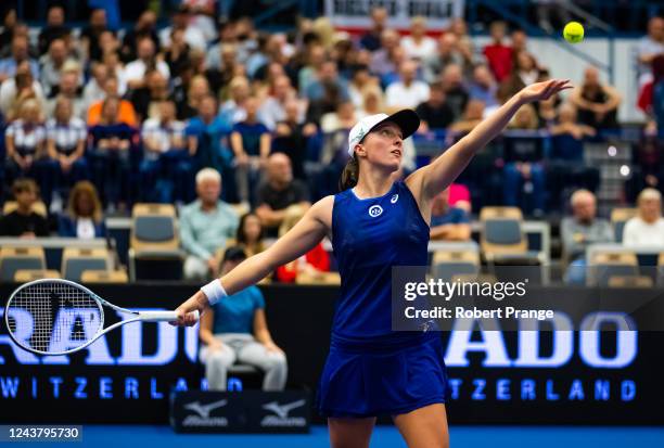 Iga Swiatek of Poland in action against Catherine McNally of the United States during her quarter-final match on Day 5 of the Agel Open at Ostravar...