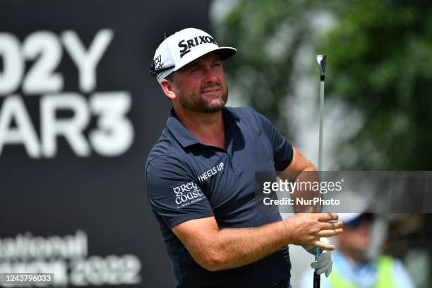 Graeme McDowell plays his tee shot during the LIV Golf Invitational Bangkok first round at Stonehill Golf Course on October 7, 2022 in Pathum Thani,...