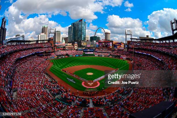 General view of Busch Stadium during the National Anthem prior to Game One of the NL Wild Card Series between the St. Louis Cardinals and the...