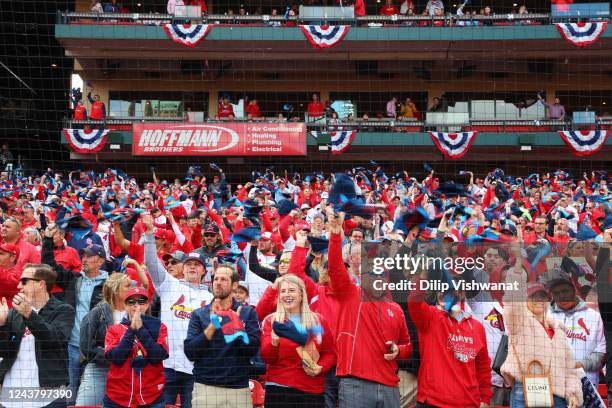 General view of fans cheering during the Wild Card Series game between the Philadelphia Phillies and the St. Louis Cardinals at Busch Stadium on...