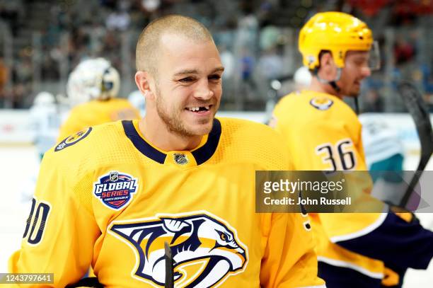 Mark Borowiecki of the Nashville Predators smiles during warm ups before the 2022 NHL Global Series Challenge Czech Republic game against the San...