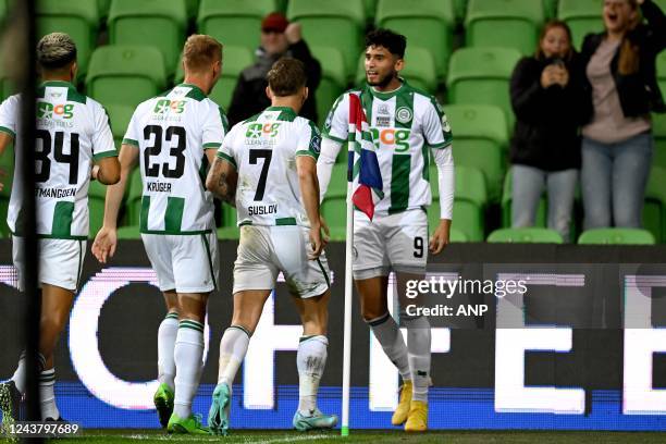 Ricardo Pepi of FC Groningen celebrates the 1-0 during the Dutch Eredivisie match between FC Groningen and RKC Waalwijk at the Euroborg stadium on...