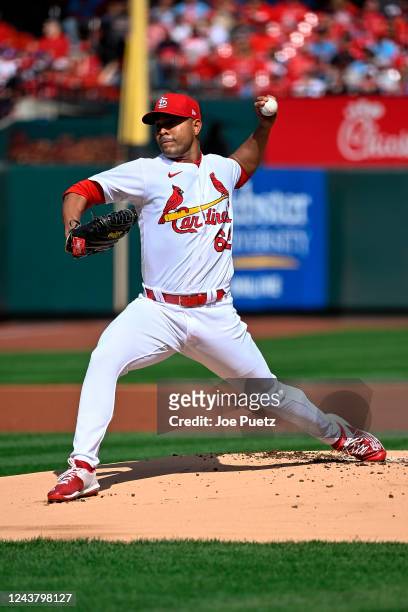 Jose Quintana of the St. Louis Cardinals pitches against the Philadelphia Phillies in the first inning during Game One of the NL Wild Card Series at...