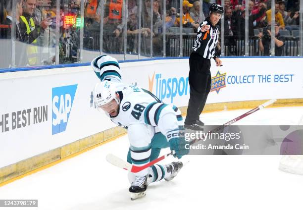 Tomas Hertl of the San Jose Sharks celebrates his first period goal against the Nashville Predators in the 2022 NHL Global Series Challenge Czech...