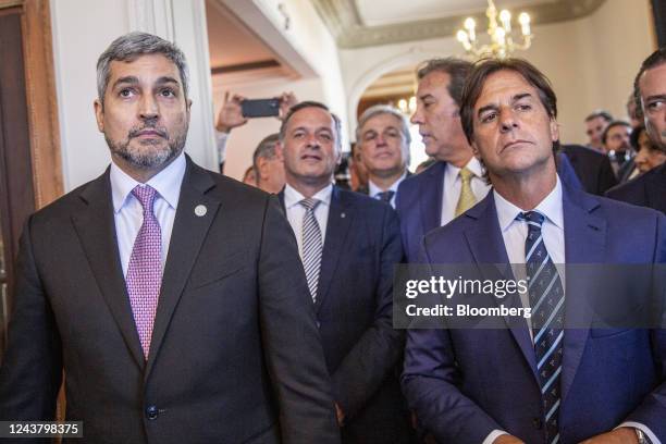 Mario Abdo Benitez, Paraguay's president, left, and Luis Lacalle Pou, Uruguay's president, attend an event at the Paraguayan embassy in Montevideo,...