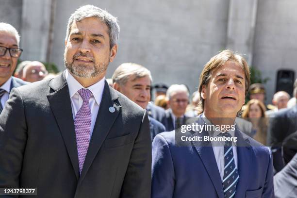 Mario Abdo Benitez, Paraguay's president left, and Luis Lacalle Pou, Uruguay's president, attend an event at the Paraguayan embassy in Montevideo,...