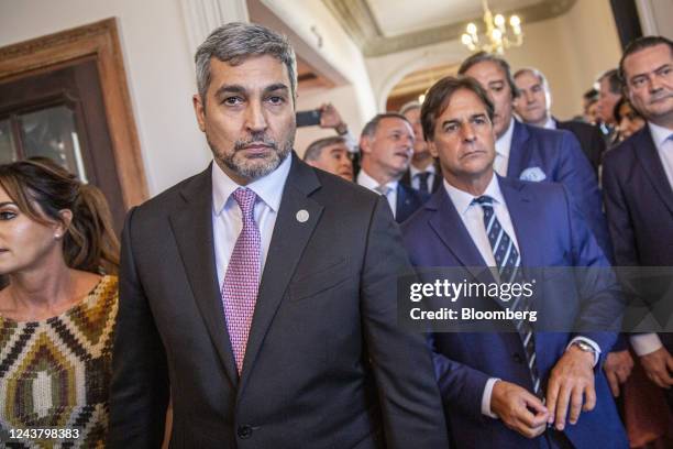 Mario Abdo Benitez, Paraguay's president, left, and Luis Lacalle Pou, Uruguay's president, attend an event at the Paraguayan embassy in Montevideo,...