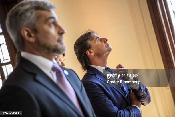 Luis Lacalle Pou, Uruguay's president, right, and Mario Abdo Benitez, Paraguay's president, attend an event at the Paraguayan embassy in Montevideo,...