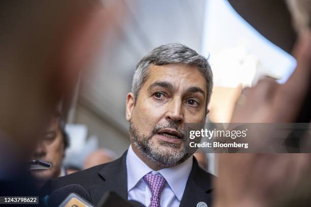 Mario Abdo Benitez, Paraguay's president, attends an event at the Paraguayan embassy in Montevideo, Uruguay, on Friday, Oct. 7, 2022. Benitez...