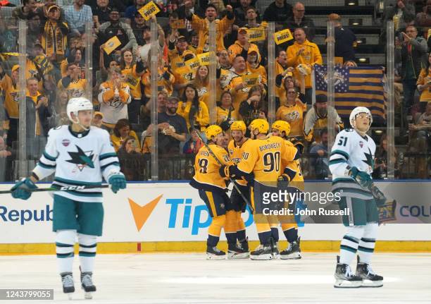 Eeli Tolvanen of the Nashville Predators celebrates his goal with teammates during the second period of the 2022 NHL Global Series Challenge Czech...