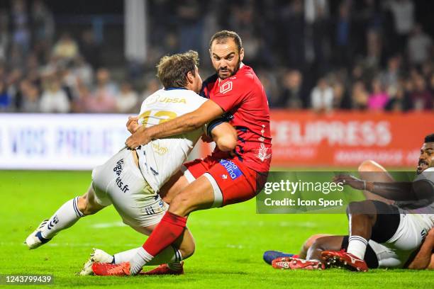 Théo Belan of Agen, Anderson Neisen of Aurillac during the Pro D2 match between Agen and Aurillac at Stade Armandie on October 7, 2022 in Agen,...