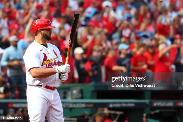 Albert Pujols of the St. Louis Cardinals bats during the Wild Card Series game between the Philadelphia Phillies and the St. Louis Cardinals at Busch...