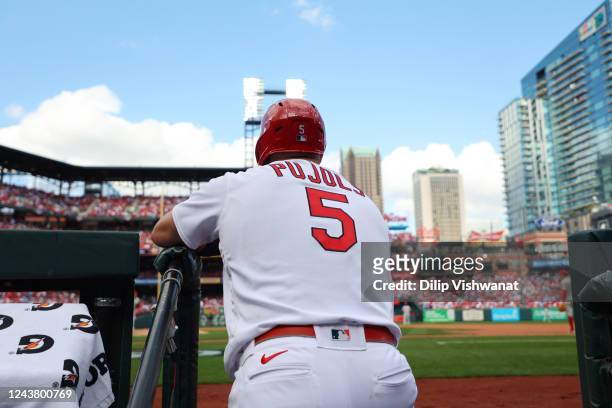 Albert Pujols of the St. Louis Cardinals looks on during the Wild Card Series game between the Philadelphia Phillies and the St. Louis Cardinals at...