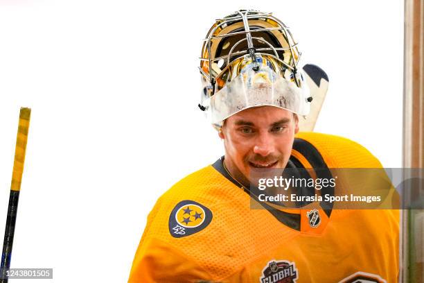 Goalkeeper Juuse Saros of Nashville during the 2022 NHL Global Series Challenge Czech Republic match between San Jose Sharks and Nashville Predators...