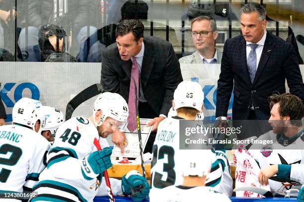 Head coach David Quinn of San Jose speaks to players during the time out at the 2022 NHL Global Series Challenge Czech Republic match between San...