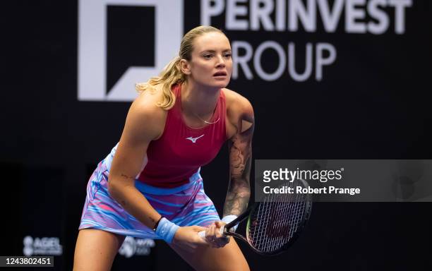 Tereza Martincova of the Czech Republic in action against Ekaterina Alexandrova of Russia during her quarterfinal match on Day 5 of the Agel Open at...