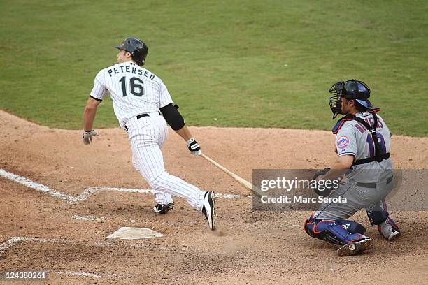 Center fielder Bryan Petterson of the Florida Marlins plays against the New York Mets at Sun Life Stadium on September 7, 2011 in Miami Gardens,...