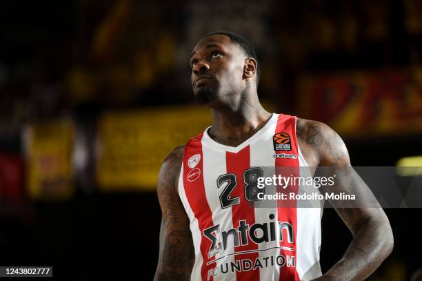 Tarik Black, #28 of Olympiacos Piraeus in action during the 2022/2023 Turkish Airlines EuroLeague match between FC Barcelona and Olympiacos Piraeus...