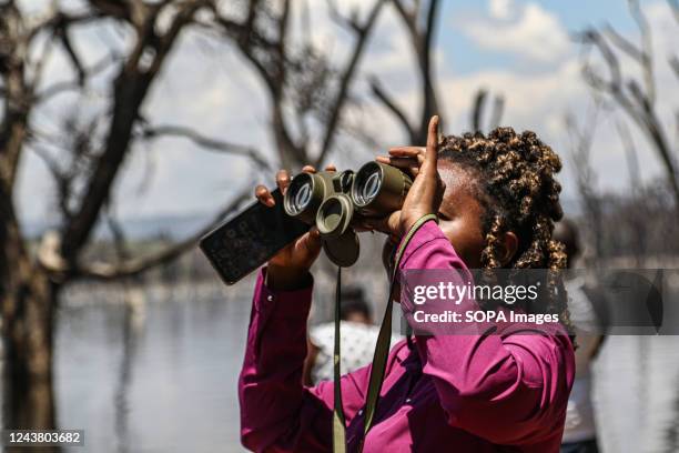 Member of the press uses a pair of binoculars at Lake Nakuru National Park during a field event. Media for Science Health and Agriculture , a Kenyan...