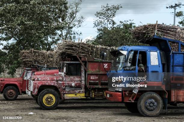 Trucks loaded with sugarcane wait for their turn inside Victorias Milling Company Inc. Sugar refinery in Victorias City, Negros Occidental, the...