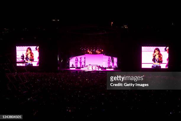Argentine singer Tini performs on stage during a show at Centenario Stadium on October 7, 2022 in Montevideo, Uruguay.