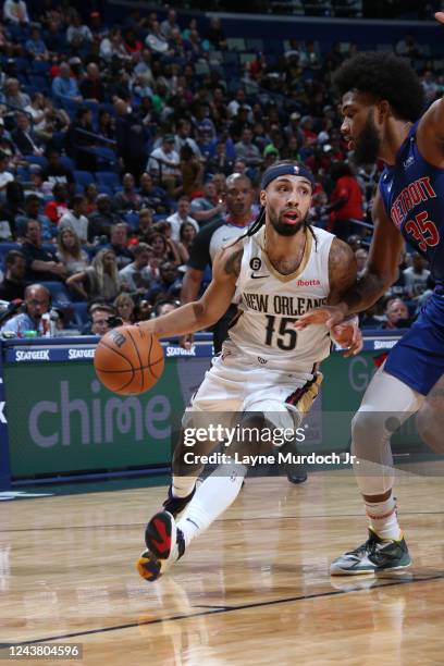 Jose Alvarado of the New Orleans Pelicans drives to the basket during the game against the Detroit Pistons on October 7, 2022 at the Smoothie King...