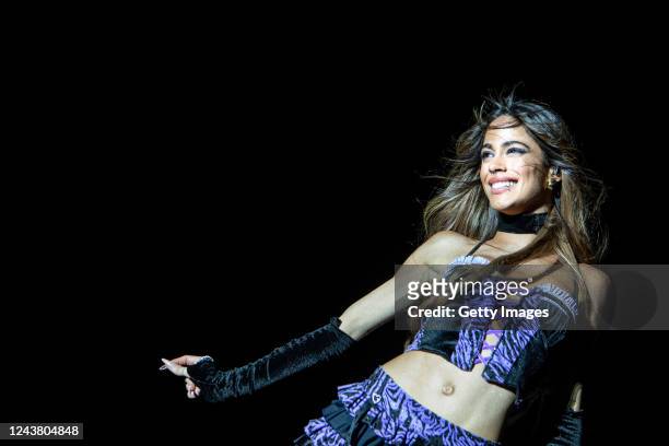 Argentine singer Tini performs on stage during a show at Centenario Stadium on October 7, 2022 in Montevideo, Uruguay.