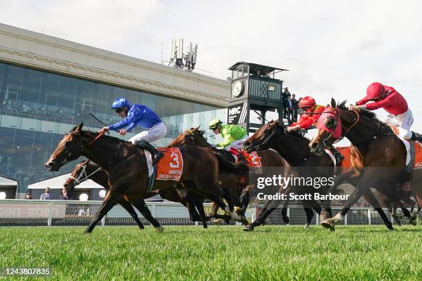 Golden Mile ridden by James McDonald wins the Neds Caulfield Guineas at Caulfield Racecourse on October 08, 2022 in Caulfield, Australia.