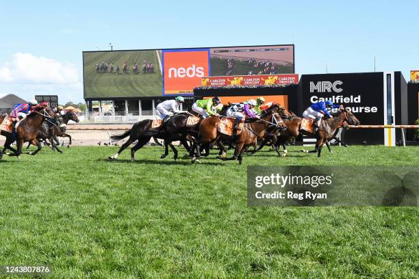 Golden Mile ridden by James McDonald wins the Neds Caulfield Guineas at Caulfield Racecourse on October 08, 2022 in Caulfield, Australia.