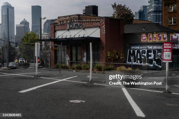 Recently closed Starbucks along Denny Way has graffiti supporting unions words painted on it in Seattle, Washington Wednesday, September 14, 2022.