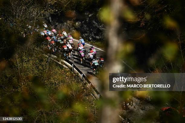 The pack rides during the 116th edition of the Giro di Lombardia , a 252,42 km cycling race from Bergamo to Como on October 8, 2022.