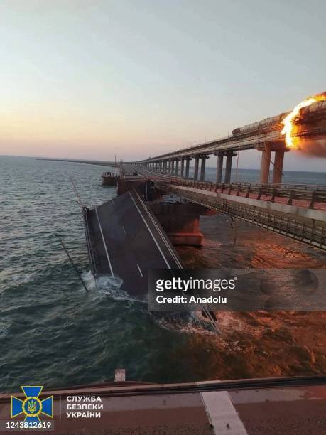 Explosion causes fire at the Kerch bridge in the Kerch Strait, Crimea, October 8, 2022. A fire broke out early Saturday morning on the Kerch Bridge...