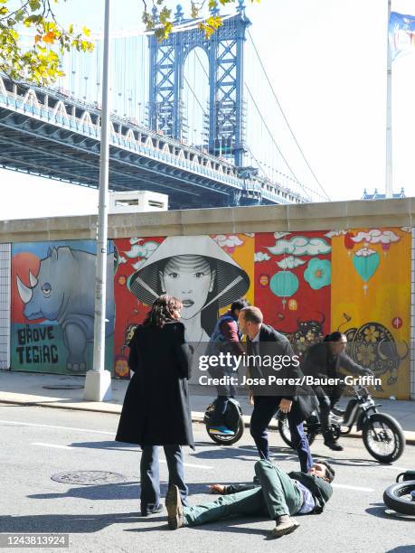 Donnie Wahlberg and Marisa Ramirez are seen while filming a scene at the 'Blue Bloods' TV Series on October 07, 2022 in New York City.