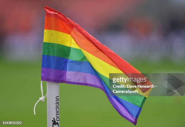 The rainbow flag on the corner pole during the Sky Bet Championship between Blackpool and Watford at Bloomfield Road on October 8, 2022 in Blackpool,...