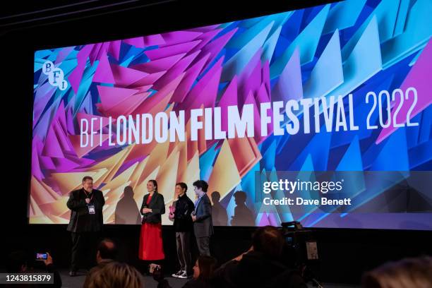 Justin Johnson, Nora Twomey, Jacob Tremblay and Gaten Matarazzo onstage during a Q&A at the Premiere Screening of "My Father's Dragon" during the...