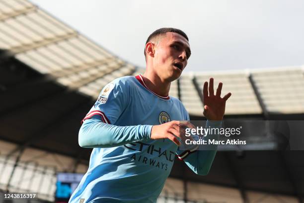 Phil Foden of Manchester City celebrates scoring the 2nd goal during the Premier League match between Manchester City and Southampton FC at Etihad...