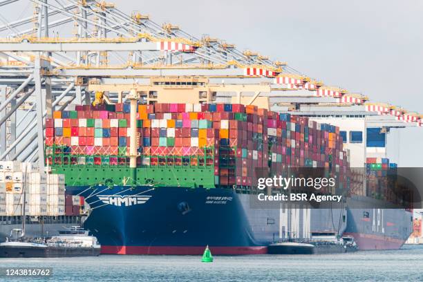 The largest container vessel in the world, the HMM Algeciras is moored at the Amaliaport of Rotterdam on June 3, 2020 in Rotterdam, The Netherlands.